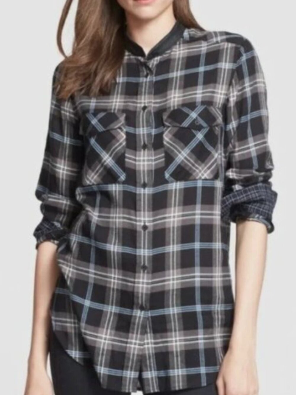 Vince Plaid Button Down Blouse Lambskin Leather Trim Black Gray Size 12